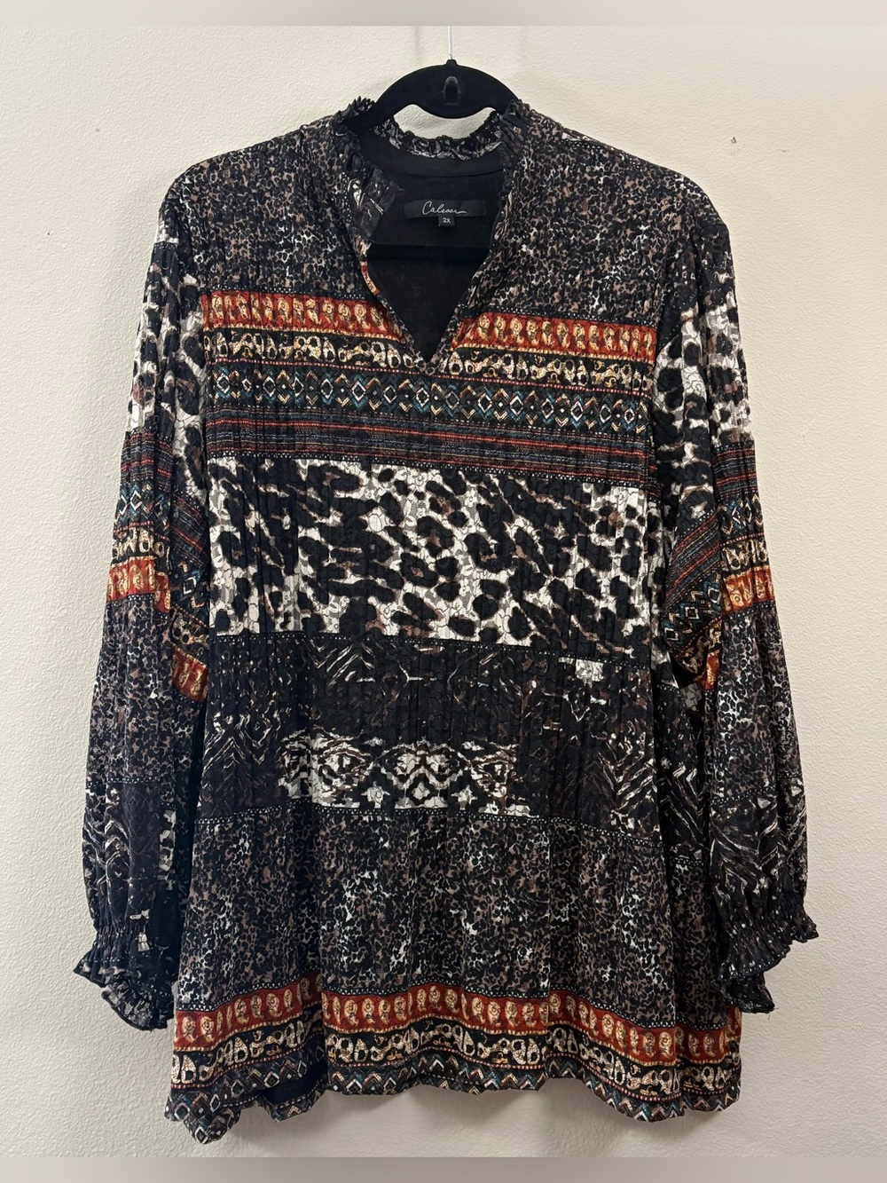 CALESSA 2X Tunic Top Brown Animal Print Mesh Lace Split V-Neck Boho Mixed Media